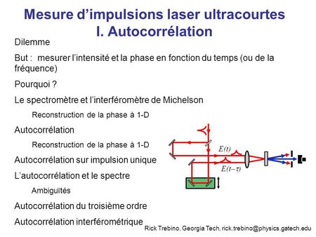 Dilemme But : mesurer lintensité et la phase en fonction du temps (ou de la fréquence) Pourquoi ? Le spectromètre et linterféromètre de Michelson Reconstruction.