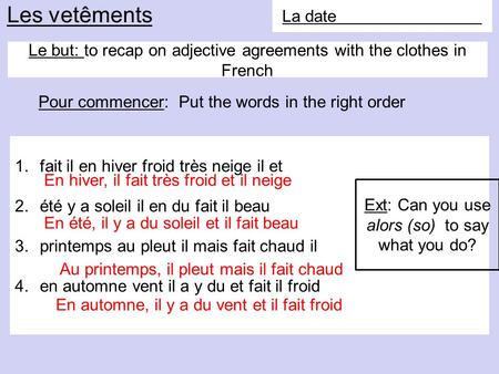 Le but: to recap on adjective agreements with the clothes in French