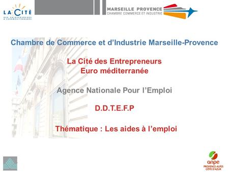 La Cité des Entrepreneurs Euro méditerranée Agence Nationale Pour lEmploi D.D.T.E.F.P Thématique : Les aides à lemploi Chambre de Commerce et dIndustrie.