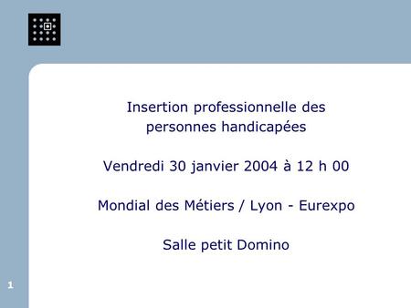 1 1 Insertion professionnelle des personnes handicapées Vendredi 30 janvier 2004 à 12 h 00 Mondial des Métiers / Lyon - Eurexpo Salle petit Domino.