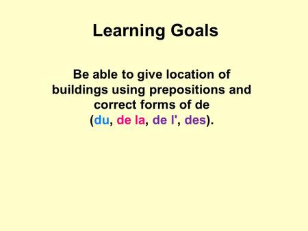 Learning Goals Be able to give location of buildings using prepositions and correct forms of de (du, de la, de l', des).