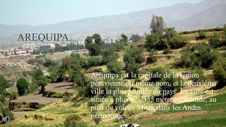 AREQUIPA Arequipa est la capitale de la région péruvienne du même nom, et la deuxième ville la plus peuplée du pays. La ville est située à plus de 2335.