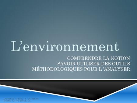 L’environnement Comprendre la notion Savoir utiliser des outils méthodologiques pour l ’analyser Laurence Chérel & Catherine Madrid IUT TC Bordeaux.