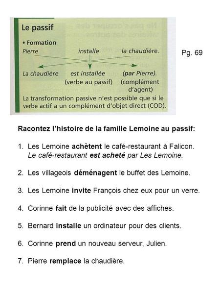Racontez lhistoire de la famille Lemoine au passif: 1. Les Lemoine achètent le café-restaurant à Falicon. Le café-restaurant est acheté par Les Lemoine.