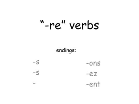 -re verbs -s - -ons -ez -ent endings:. Pronoun Ending: descendredescendre > descend- perdreperdre > perd- vendrevendre > vend- je -s descendsperdsvends.
