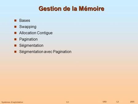 Gestion de la Mémoire Bases Swapping Allocation Contigue Pagination