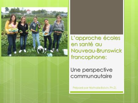 Lapproche écoles en santé au Nouveau-Brunswick francophone: Une perspective communautaire Préparé par Nathalie Boivin, Ph.D.