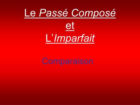 Le Passé Composé et LImparfait Comparaison. Limparfait You already know the imparfait is used to: Say what was happening (not what happened) Say how things.