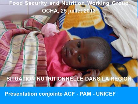 SITUATION NUTRITIONNELLE DANS LA RÉGION 1 Food Security and Nutrition Working Group OCHA, 25 juillet 2013 Présentation conjointe ACF - PAM - UNICEF.