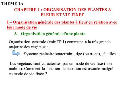 CHAPITRE 1 : ORGANISATION DES PLANTES A FLEUR ET VIE FIXEE