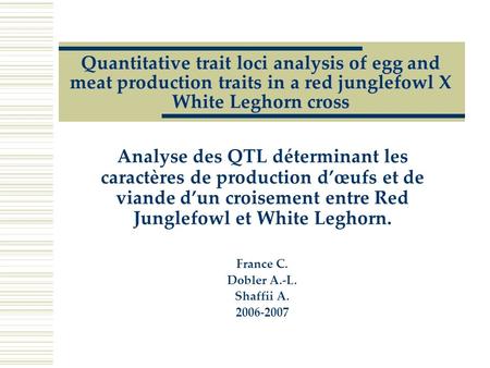 Quantitative trait loci analysis of egg and meat production traits in a red junglefowl X White Leghorn cross Analyse des QTL déterminant les caractères.