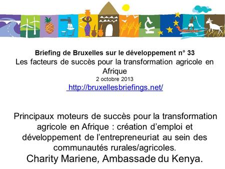 Briefing de Bruxelles sur le développement n° 33 Les facteurs de succès pour la transformation agricole en Afrique 2 octobre 2013 http://bruxellesbriefings.net/