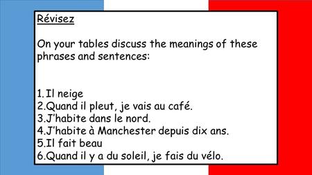 Révisez On your tables discuss the meanings of these phrases and sentences: Il neige Quand il pleut, je vais au café. J’habite dans le nord. J’habite à.