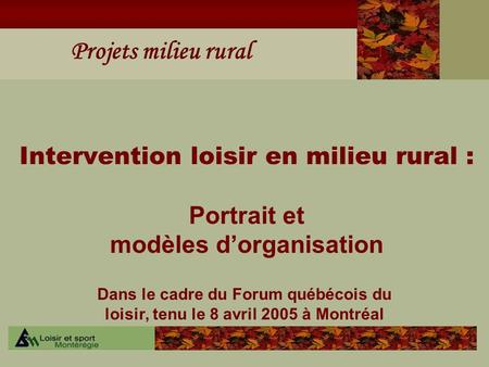 Intervention loisir en milieu rural : Portrait et modèles d’organisation Dans le cadre du Forum québécois du loisir, tenu le 8 avril 2005 à Montréal.