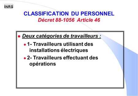 CLASSIFICATION DU PERSONNEL Décret Article 46