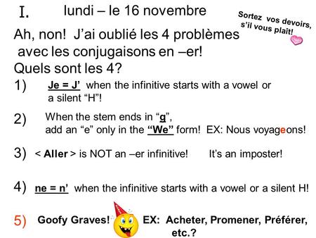 Lundi – le 16 novembre I. Ah, non! Jai oublié les 4 problèmes avec les conjugaisons en –er! Quels sont les 4? 1) 2) 3) 4) 5) Je = J when the infinitive.