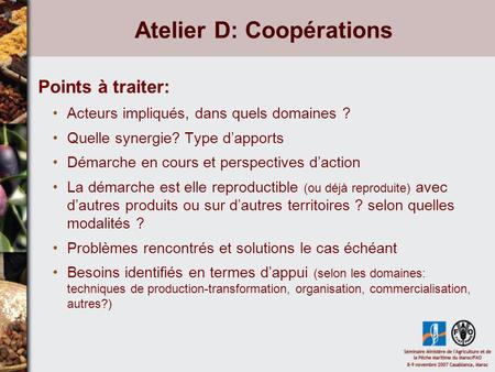 Atelier D: Coopérations Points à traiter: Acteurs impliqués, dans quels domaines ? Quelle synergie? Type dapports Démarche en cours et perspectives daction.
