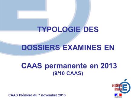 TYPOLOGIE DES DOSSIERS EXAMINES EN CAAS permanente en 2013 (9/10 CAAS) CAAS Plénière du 7 novembre 2013.