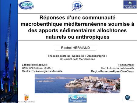 Réponses d’une communauté macrobenthique méditerranéenne soumise à des apports sédimentaires allochtones naturels ou anthropiques Rachel HERMAND Thèse.