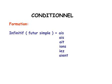 CONDITIONNEL Formation: Infinitif ( futur simple ) + ais ais ait ions