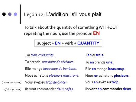 Leçon 12: Laddition, sil vous plaît To talk about the quantity of something WITHOUT repeating the noun, use the pronoun EN Jai trois croissants. Tu prends.