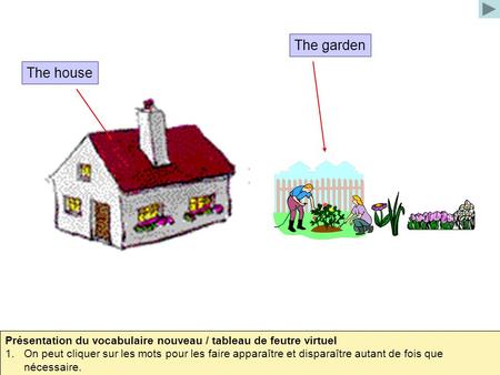 The garden The house Présentation du vocabulaire nouveau / tableau de feutre virtuel On peut cliquer sur les mots pour les faire apparaître et disparaître.