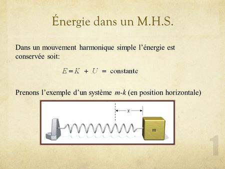 Énergie dans un M.H.S. Dans un mouvement harmonique simple l’énergie est conservée soit: Prenons l’exemple d’un système m-k (en position horizontale)