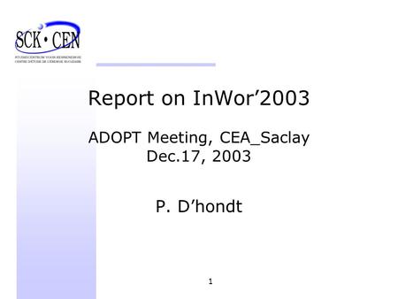 1 Report on InWor2003 ADOPT Meeting, CEA_Saclay Dec.17, 2003 P. Dhondt.