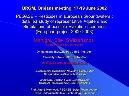 BRGM, Orléans meeting, 17-19 June 2002 PEGASE – Pesticides in European Groundwaters : detailled study of representative Aquifers and Simulations of possible.