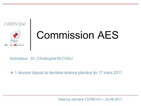 Commission AES Séance plénière COREVIH – 23-06-2011 Animateur : Dr. Christophe MICHAU 1 réunion depuis la dernière séance plénière du 17 mars 2011.