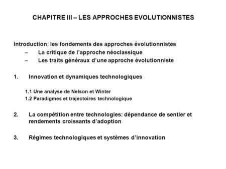 CHAPITRE III – LES APPROCHES EVOLUTIONNISTES