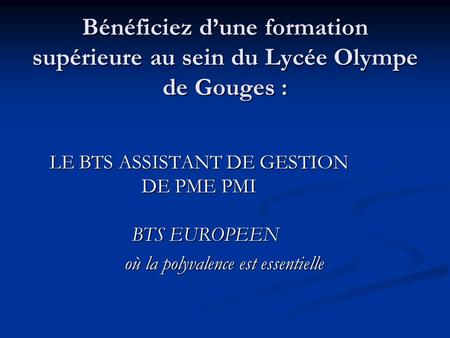Bénéficiez dune formation supérieure au sein du Lycée Olympe de Gouges : LE BTS ASSISTANT DE GESTION DE PME PMI BTS EUROPEEN où la polyvalence est essentielle.
