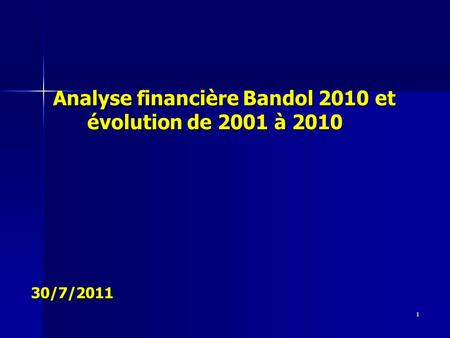 1 Analyse financière Bandol 2010 et évolution de 2001 à 2010 30/7/2011 Analyse financière Bandol 2010 et évolution de 2001 à 2010 30/7/2011.