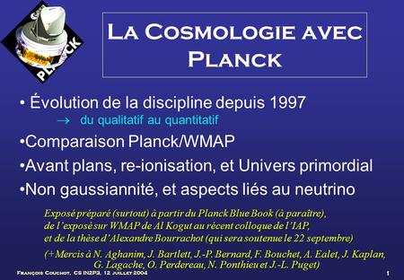 La Cosmologie avec Planck