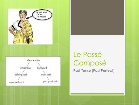 Le Passé Composé Past Tense (Past Perfect). The passé composé The passé composé expresses what happened in the past (sometimes called the past perfect.