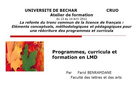 UNIVERSITE DE BECHARCRUO Atelier de formation du 12 au 14 avril 2012 La refonte du tronc commun de la licence de français : Eléments conceptuels, méthodologiques.