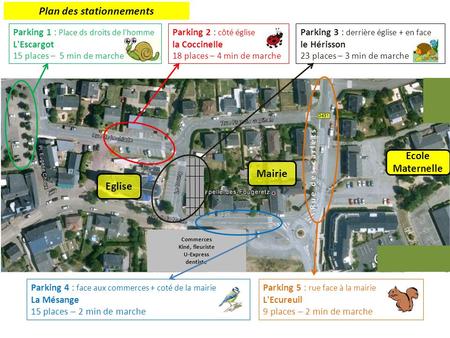 Parking 1 : Place ds droits de l'homme L'Escargot 15 places – 5 min de marche Parking 3 : derrière église + en face le Hérisson 23 places – 3 min de marche.