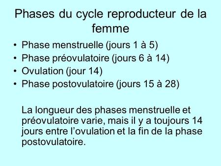 Phases du cycle reproducteur de la femme