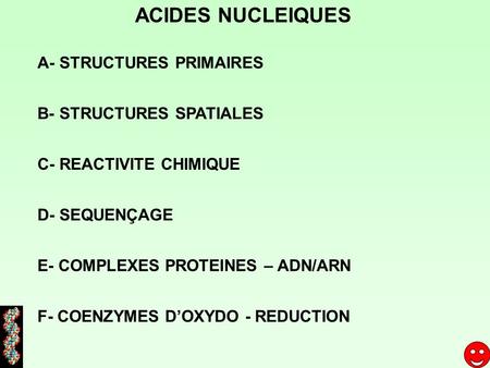ACIDES NUCLEIQUES A- STRUCTURES PRIMAIRES B- STRUCTURES SPATIALES