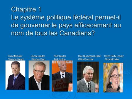 Chapitre 1 Le système politique fédéral permet-il de gouverner le pays efficacement au nom de tous les Canadiens? Prime Minister Liberal Leader NDP Leader.