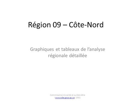 Région 09 – Côte-Nord Graphiques et tableaux de lanalyse régionale détaillée Commissaire à la santé et au bien-être (www.csbe.gouv.qc.ca) 2011www.csbe.gouv.qc.ca.