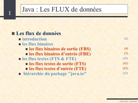 1 Cours JAVA / Y.Laborde Java : Les FLUX de données Les flux de données introduction les flux binaires les flux binaires de sortie (FBS) les flux binaires.
