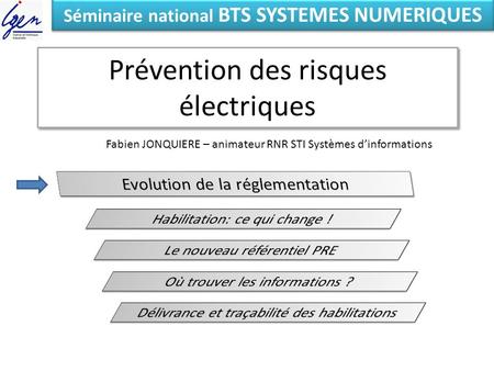 Prévention des risques électriques Eléments de constat Séminaire national BTS SYSTEMES NUMERIQUES Fabien JONQUIERE – animateur RNR STI Systèmes dinformations.