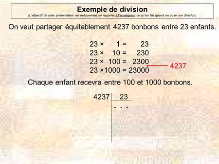 23 × 1 = 23 23 × 10 = 230 23 × 100 = 2300 23 ×1000 = 23000 Exemple de division (Lobjectif de cette présentation est uniquement de rappeler à lenseignant.