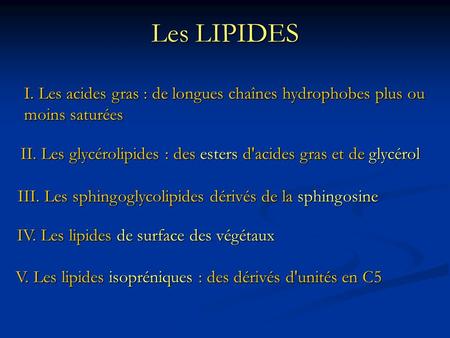 Les LIPIDES I. Les acides gras : de longues chaînes hydrophobes plus ou moins saturées II. Les glycérolipides : des esters d'acides gras et de glycérol.