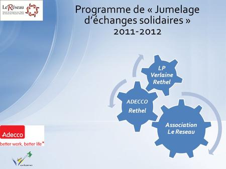 Programme de « Jumelage déchanges solidaires » 2011-2012 Association Le Reseau ADECCO Rethel LP Verlaine Rethel.