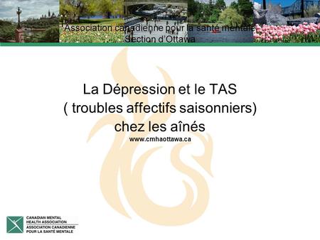 Association canadienne pour la santé mentale Section dOttawa La Dépression et le TAS ( troubles affectifs saisonniers) chez les aînés www.cmhaottawa.ca.