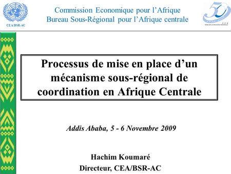 Processus de mise en place d’un mécanisme sous-régional de coordination en Afrique Centrale Addis Ababa, 5 - 6 Novembre 2009 Hachim Koumaré Directeur,