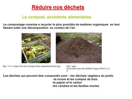 Réduire nos déchets Le compost, excédents alimentaires.