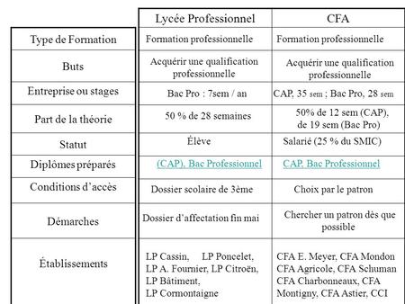 Lycée Professionnel CFA Type de Formation Buts Entreprise ou stages